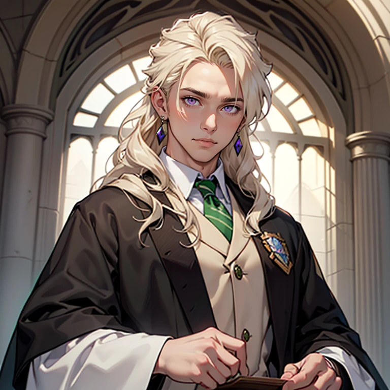 ((masterpiece)), (((best quality))), solo, 1 male, wizard, pale white skin, white-blonde hair, long hair, curly hair, handsome man, bright purple eyes, tall, Slytherin uniform with black robes, simple earrings, highest quality, highly detailed, original, high resolution CG Unit 8k wallpaper, (best quality, artwork, masterpiece, 4k)