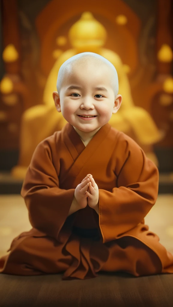 A little monk with a toddler。Wearing a monk's robe,had his hands folded,sit with legs crossed,Face to the camera