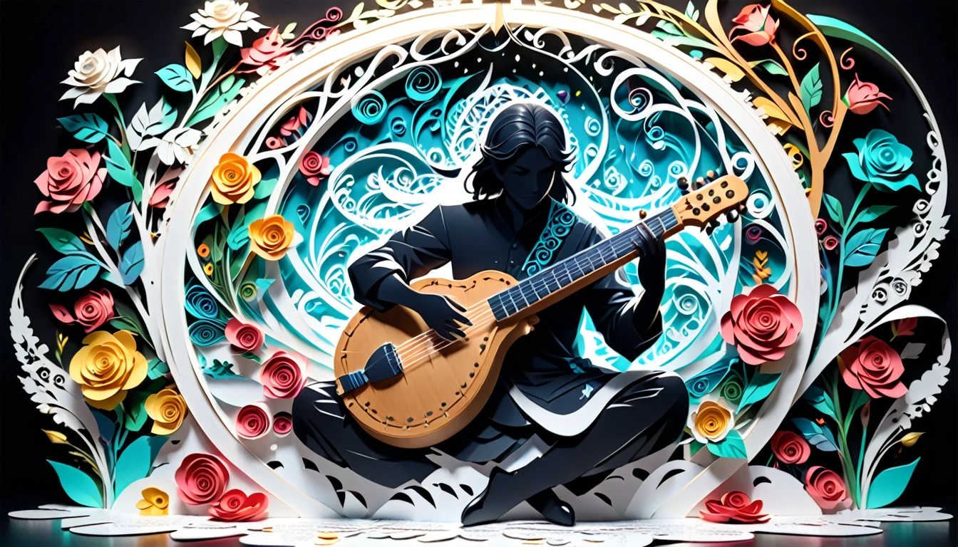 (hologram:1.5),Silhouette of a man playing the sitar,Colorful Roses,In winter,White Background,Paper Art,quilling Paper Art,Tangled, geometry,3D Rendering, Cinematic Lighting Effects