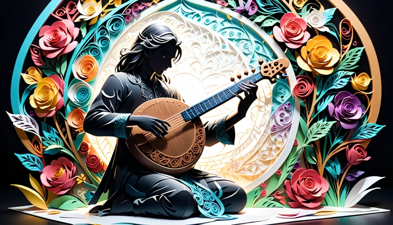 (hologram:1.5),Silhouette of a man playing the sitar,Colorful Roses,In winter,White Background,Paper Art,quilling Paper Art,Tangled, geometry,3D Rendering, Cinematic Lighting Effects