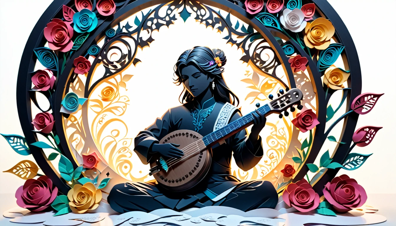 (hologram:1.5),Silhouette of a man playing the sitar,Colorful Roses,In winter,White Background,Paper Art,quilling Paper Art,Tangled, geometry,3D Rendering, Cinematic Lighting Effects