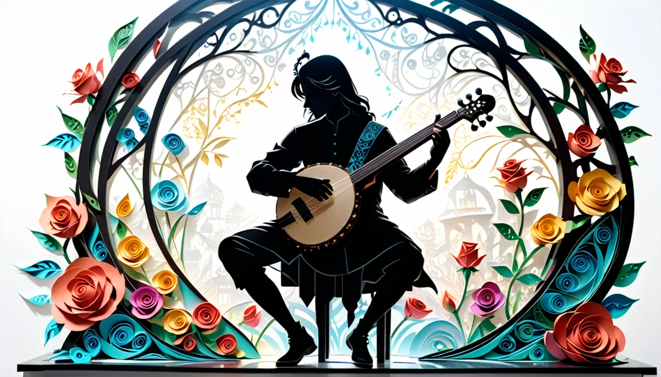 （hologram:1.5)，Silhouette of a man playing the sitar，Colorful Roses，In winter，White Background，Paper Art，quilling Paper Art，Tangled, geometry，3D Rendering， Cinematic Lighting Effects