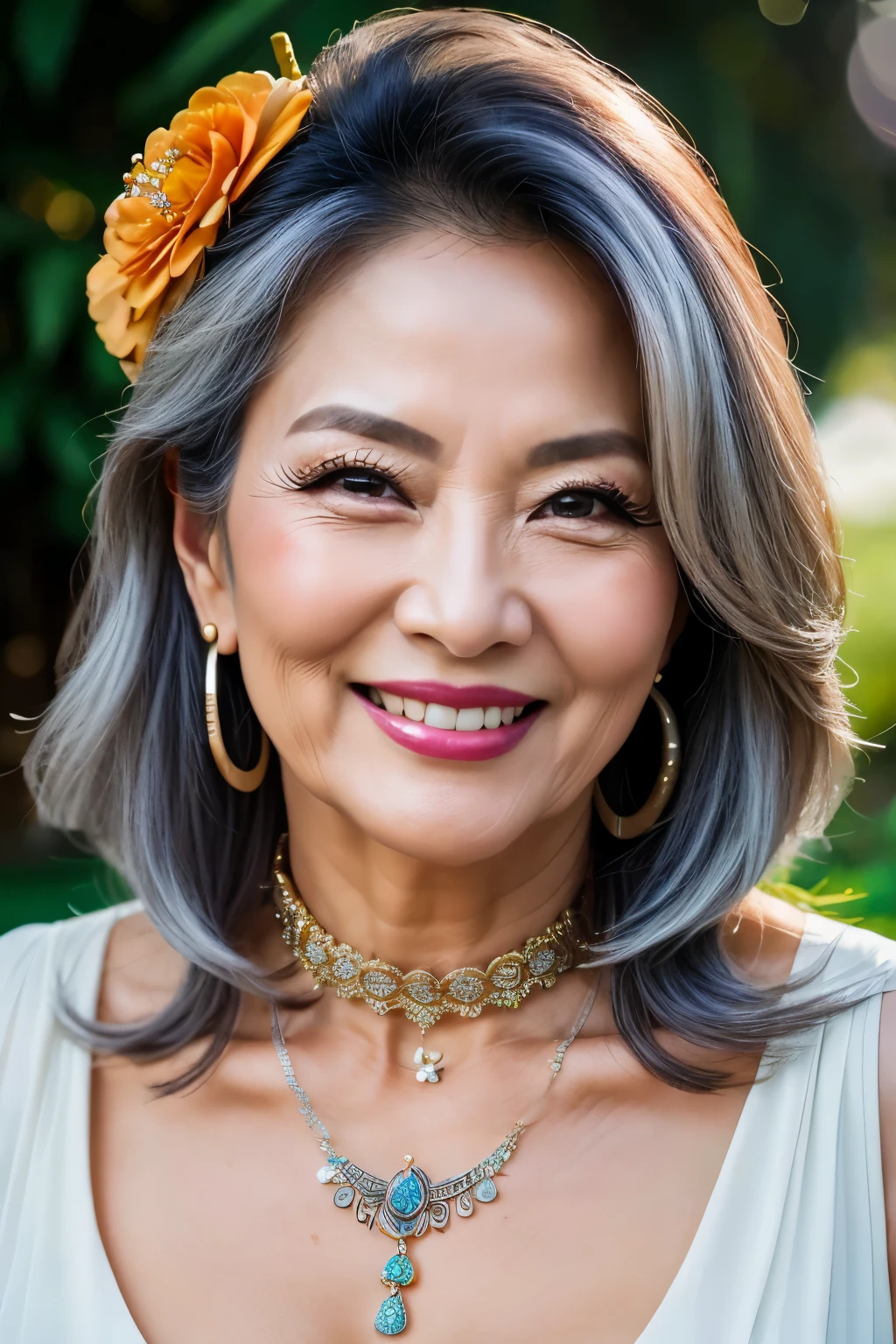 75 years old Mom MILF Korean, Lady large earring Big choker navel piercing decoration A bracelet Silver Hair realisitic Gorgeous Madame Beautiful Mature Woman sexy Smile Gentle woman navel piercing 4K High quality 重い胸