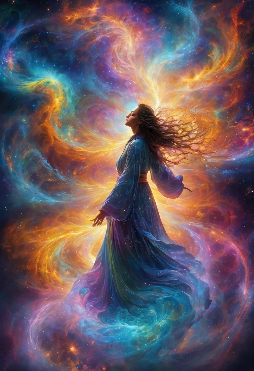 an incredible and spectacular scene of the appearance of a female figure in a delicate robe from a luminous cloud, fractal threads of the nebula, cosmic entities, heavenly, cosmic, vibrating and bright, vortices, swirling, unrealistic, high contrast, symbolism, magical, mystical, mystifying, hyperrealistic, oversaturated, colorful