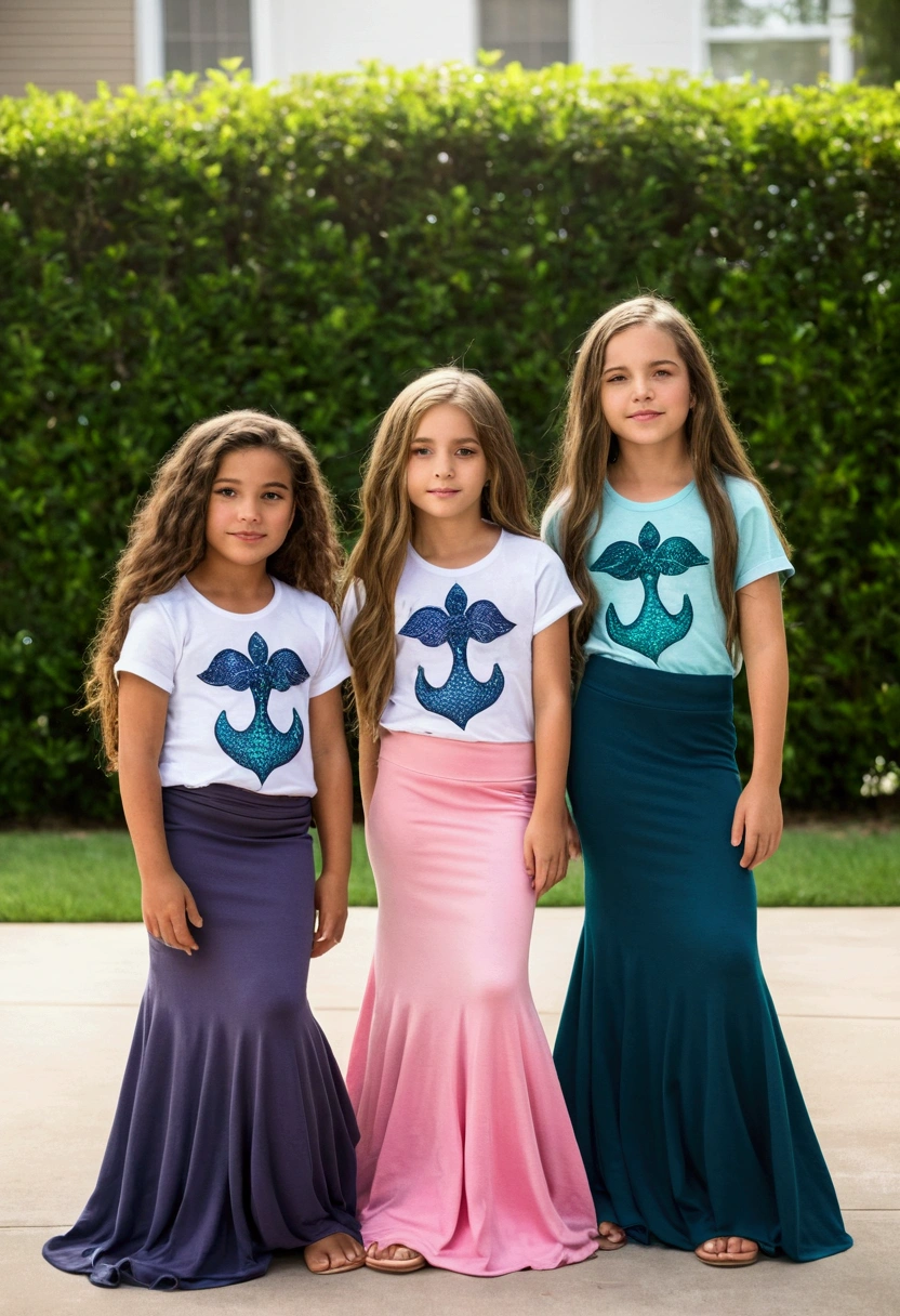 Four  American girls wearing casual long mermaid  floor length maxi skirt covering legs and casual loose t shirt 