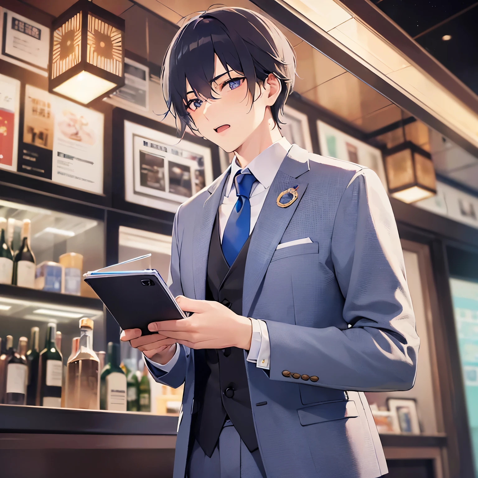 masterpiece、Highest quality、
(25-year-old male:1.5) and(Black short hair) and (blue eyes),
(suit:1.5) and (Blue tie)(suit:1.5) and (Blue tie)、
blush,open mouth,The background is the interior of an izakaya at night.、Hands outstretched