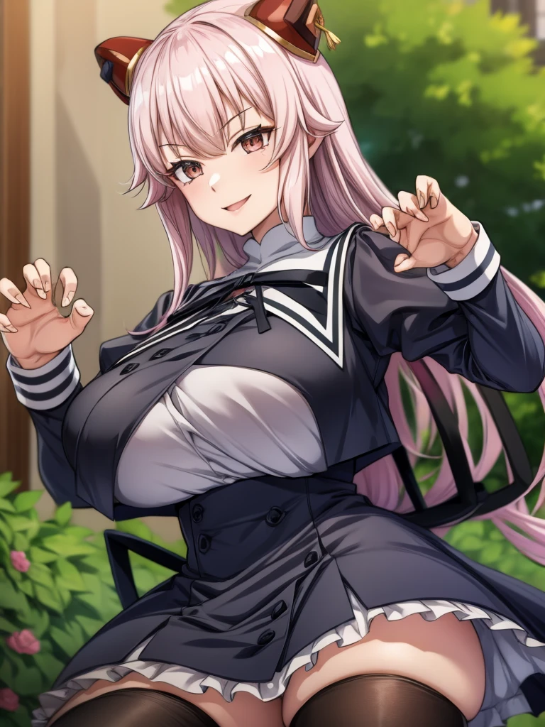 Top quality, masterpiece, beautiful face, fine eyes, fine skin, fine face,
Gao's hand pose, 
ArayaEndo, long hair, hairpods, black neck ribbon, yurigaoka girls academy , cropped jacket, juliet sleeves, black skirt, high-waist skirt, black thighhighs, (rnaughty smile),  huge breasts, curvaceous, tight waist,  (claw pose:1.4)