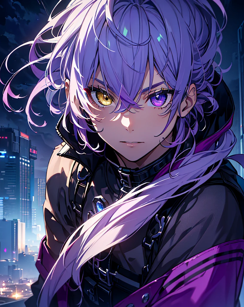 masterpiece, best quality, ((((1man)))), (colorful),(finely detailed beautiful eyes and detailed face),cinematic lighting,extremely detailed CG unity 8k wallpaper, sky, cloudy_sky, building, moonlight, moon, night, (dark theme:1.3), light, fantasy, ((heterochromia)) ((Purple and Yellow eyes)) ((Purple Hair)) ((boy))
