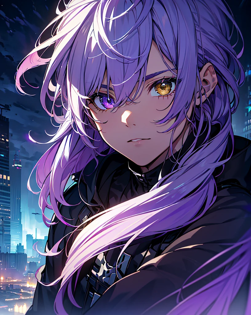 masterpiece, best quality, ((((1man)))), (colorful),(finely detailed beautiful eyes and detailed face),cinematic lighting,extremely detailed CG unity 8k wallpaper, sky, cloudy_sky, building, moonlight, moon, night, (dark theme:1.3), light, fantasy, ((heterochromia)) ((Purple and Yellow eyes)) ((Purple Hair)) ((boy))