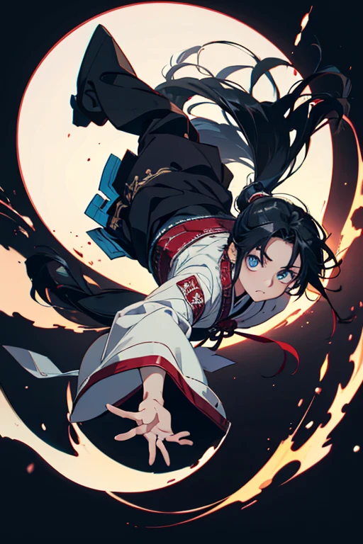 Gaze, Very long hair, Anatomically correct, Very long hair, ponytail, anime, Cowboy Shot, 8years old, boy, High resolution, falling, jumping, black hair, Simple Background, blue eyes, Upside down, Gaze, Shrine maiden