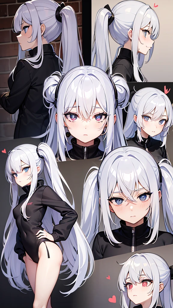vtuber model, silver hair, grey hair, long hair, messy hair, straight hair, expressive hair, heart-shaped pupils, dilated pupils, embarrassed, blush, blue eyes, heart in eye, naughty, Conceptual art, modern, anime style, anime, reference sheet, multiple views, from behind, from below, from side, UHD, masterpiece, anatomically correct, super detail, textured skin, high details, high quality, best quality, highres, 8k, art concep, character design