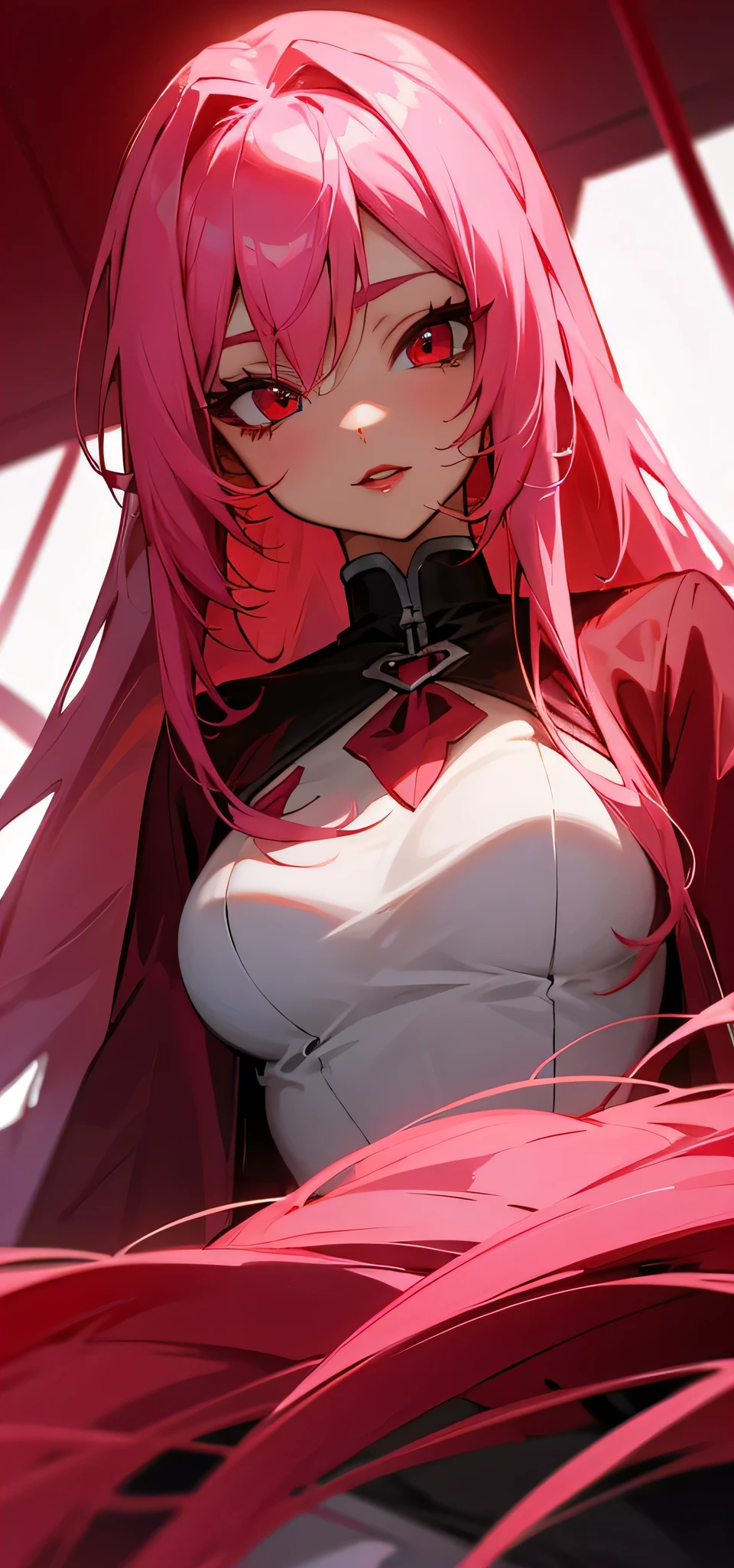 Long Pink hair and crimson red eyes anime girl with red lipstick
