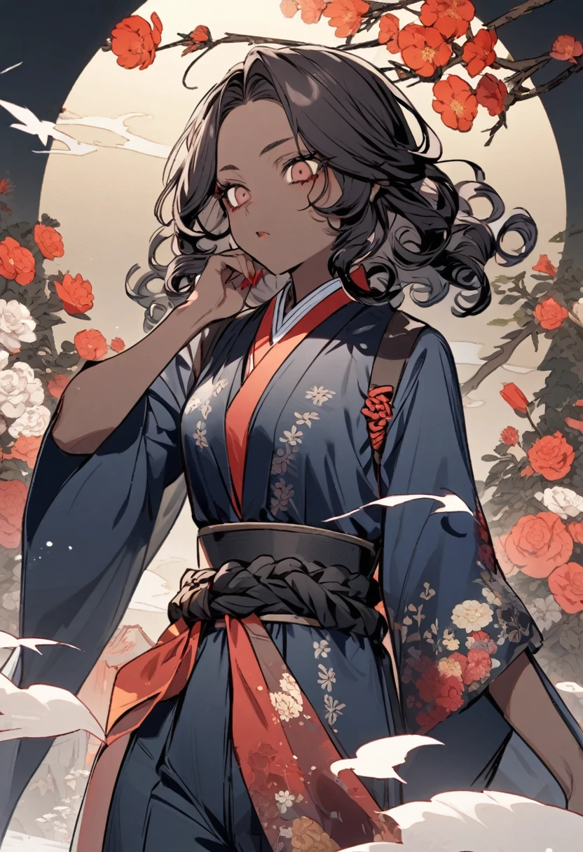 create a female demon slayer character, with brown skin, curly, Wear a navy blue suit, a flower hotaku