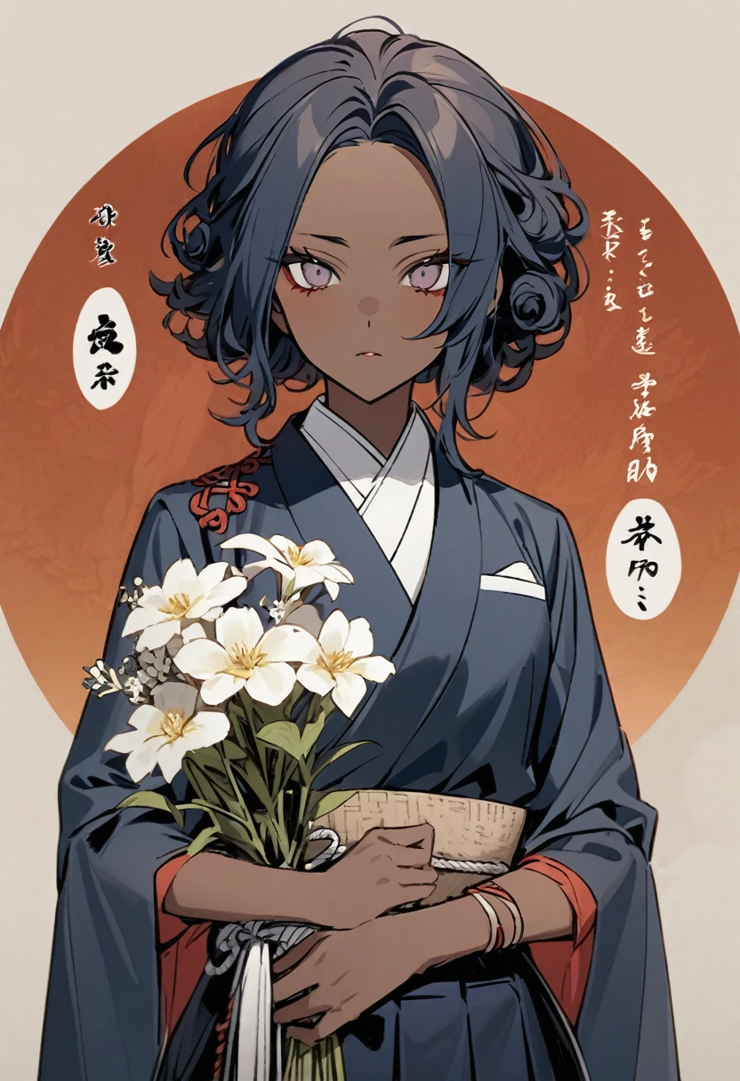 create a female demon slayer character, with brown skin, curly, Wear a navy blue suit, a flower hotaku