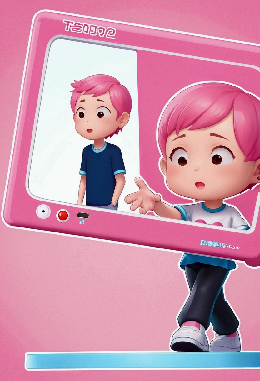 A cartoon illustration of a person holding a pink television,There is a picture of a man on TV, Telegram Stickers, Pink Iconic Character, Telegram Stickers design, Live2d Virtual YouTuber Model, posture, The style is like Nendoroid, Together, Use a mirror, Profile picture 1024px, Cute girl with short pink hair, tposture, t posture, 角色摆posture 生成正视图