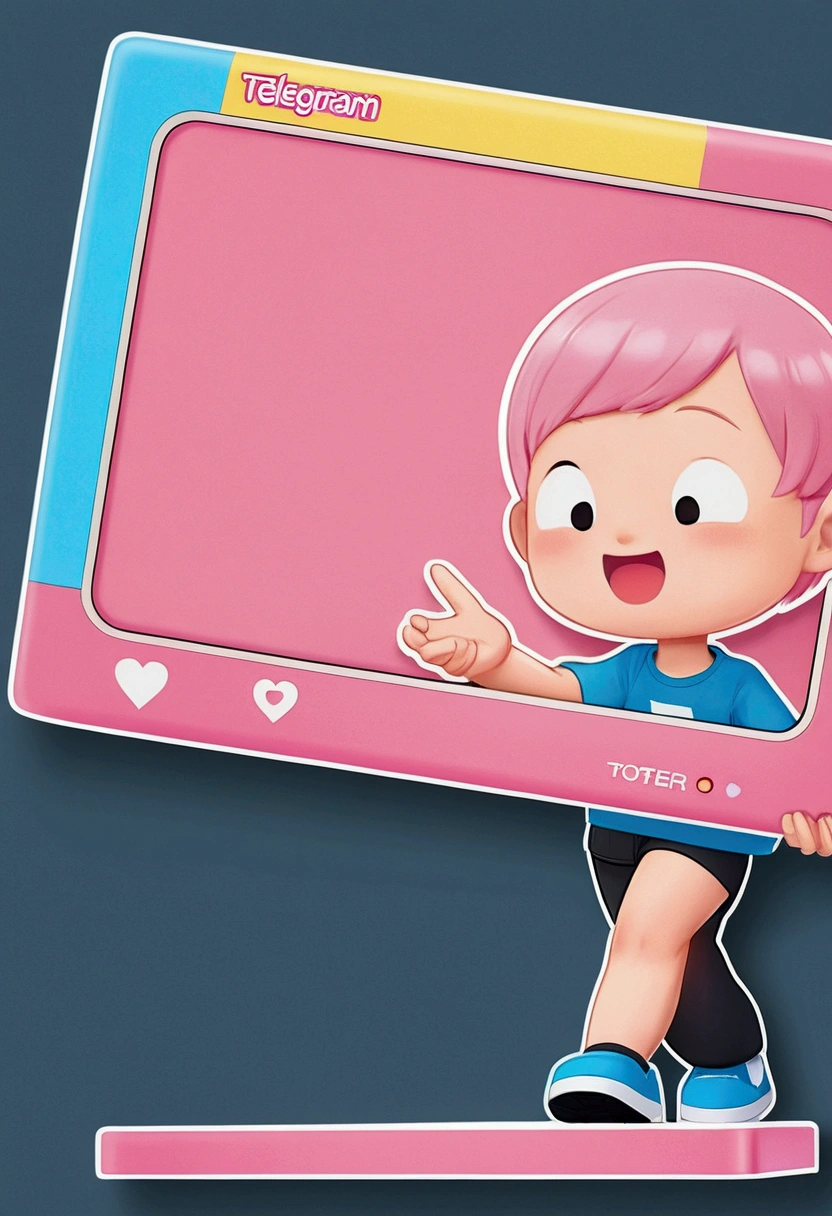 A cartoon illustration of a person holding a pink television,There is a picture of a man on TV, Telegram Stickers, Pink Iconic Character, Telegram Stickers design, Live2d Virtual YouTuber Model, posture, The style is like Nendoroid, Together, Use a mirror, Profile picture 1024px, Cute girl with short pink hair, tposture, t posture, 角色摆posture 生成正视图