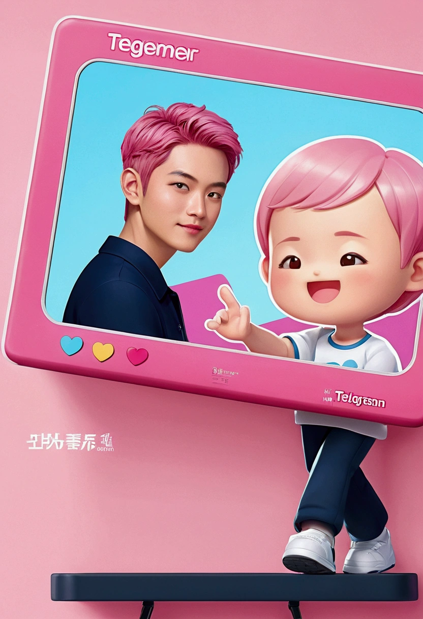 A cartoon illustration of a person holding a pink television，There is a picture of a man on TV, Telegram Stickers, Pink Iconic Character, Telegram Stickers design, Live2d Virtual YouTuber Model, posture, The style is like Nendoroid, Together, Use a mirror, Profile picture 1024px, Cute girl with short pink hair, tposture, t posture, 角色摆posture  生成正视图