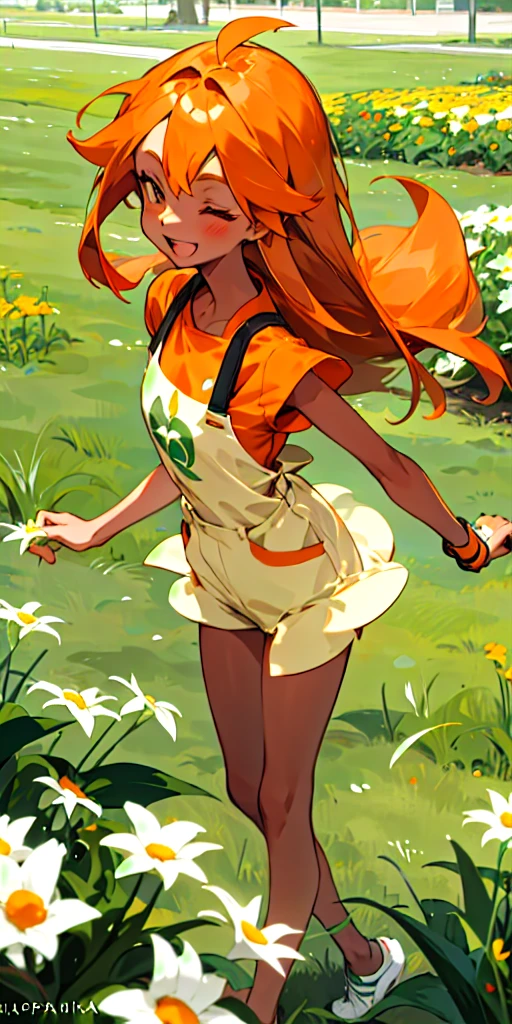 20 Year old woman, dark orange straight hair, tan skin, grass type pokemon trainer, happy, kind, barista, flower