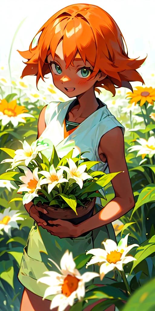20 Year old woman, dark orange straight hair, tan skin, grass type pokemon trainer, happy, kind, barista, flower