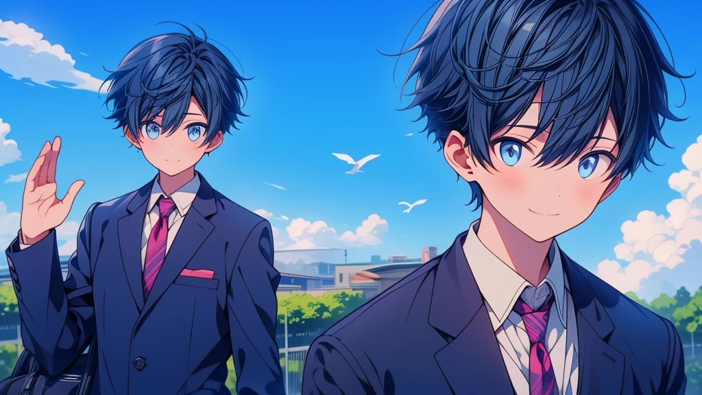 20 year old boy、Departure、First day at work in a suit、Waving to his mother、blue sky、smile、kind