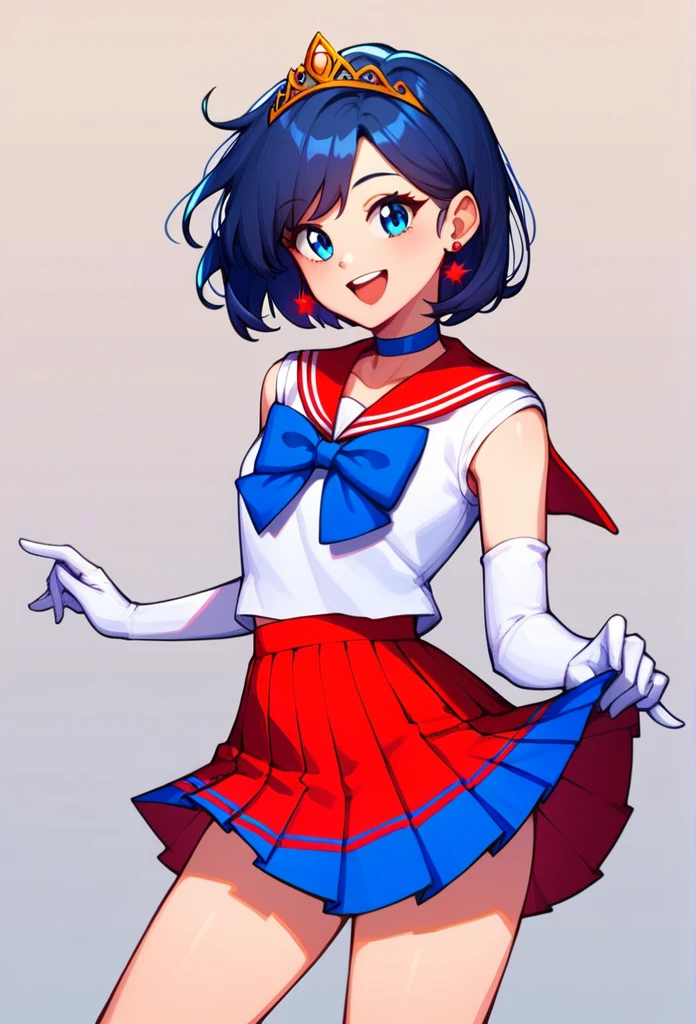 score_9, score_8_up, score_7_up,score_6_up, score_5_up, score_4_up , 1girl, solo, aamars, long hair, black hair, tiara, earrings, red choker, red sailor collar, purple bowtie, white shirt, elbow gloves, white gloves, pleated skirt, red skirt, bare legs, aamercury, short hair, blue hair, tiara, earrings, blue eyes, blue choker, blue sailor collar, blue bowtie, white shirt, elbow gloves, white gloves, pleated skirt, blue skirt, bare legs, happy, cowboy shot, simple background