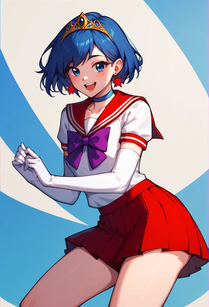 score_9, score_8_up, score_7_up,score_6_up, score_5_up, score_4_up , 1girl, solo, aamars, long hair, black hair, tiara, earrings, red choker, red sailor collar, purple bowtie, white shirt, elbow gloves, white gloves, pleated skirt, red skirt, bare legs, aamercury, short hair, blue hair, tiara, earrings, blue eyes, blue choker, blue sailor collar, blue bowtie, white shirt, elbow gloves, white gloves, pleated skirt, blue skirt, bare legs, happy, cowboy shot, simple background