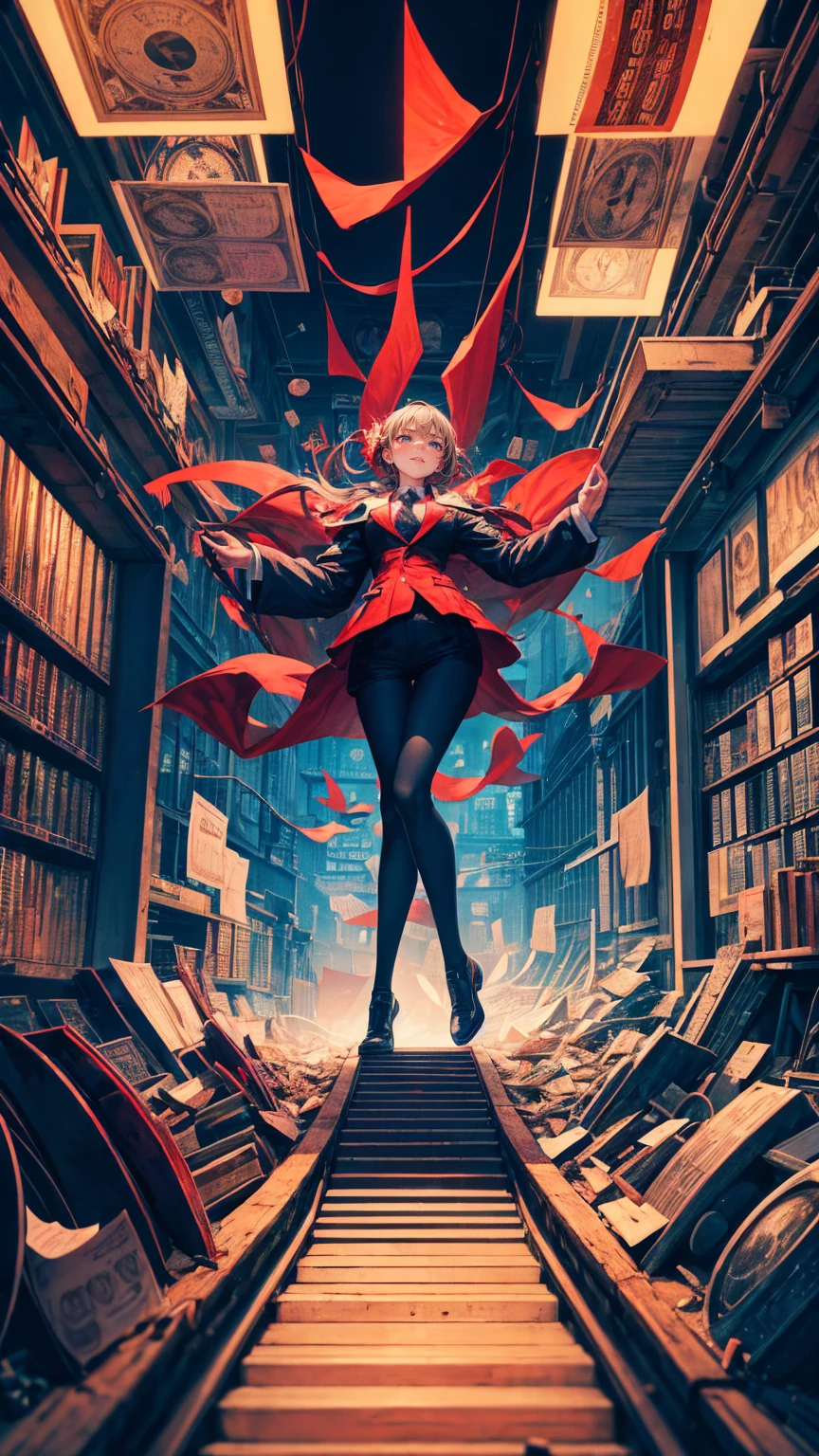 A surreal digital artwork depicting the concept "Saves you from using on top and selling down at bottom", featuring a girl climbing a ladder with posters, charts, graphs, paper money and coins flying around him in chaos. The background is red, with stock market graphics and bitcoin symbols behind it. In the style of Surrealism, with high resolution, detailed textures, bright colors, and a bold contrast between light and dark