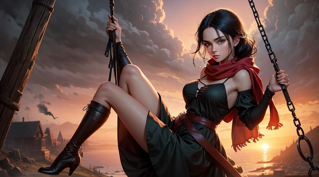 medieval setting, full view of body, 1 skinny female with large breast, beatiful smokey green eyes, black hair pinned up, shoulder free beautiful swing dress, red scarf around her neck, eerie sunset