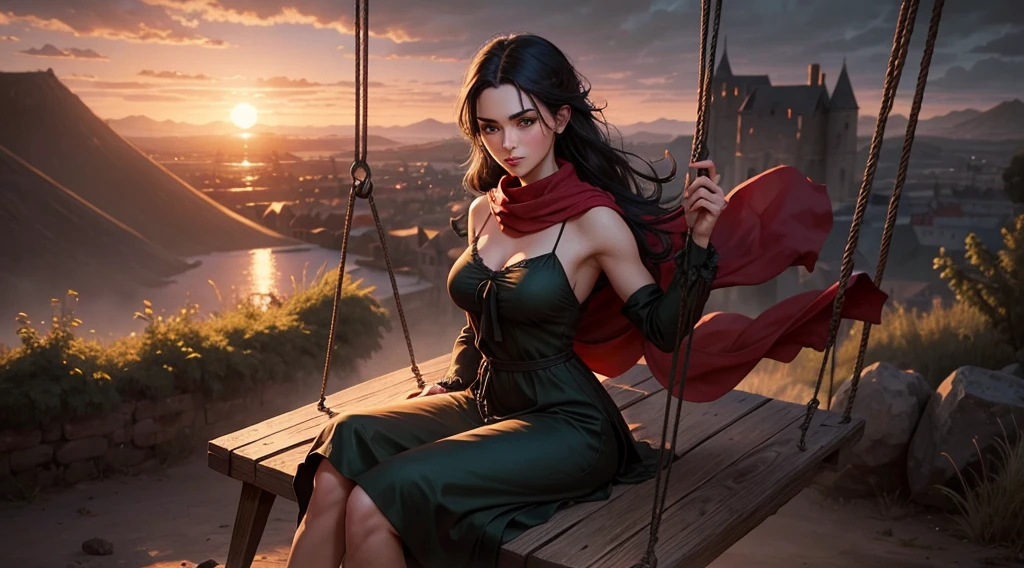 medieval setting, full view of body, 1 skinny female with large breast, beatiful smokey green eyes, black hair pinned up, shoulder free beautiful swing dress, red scarf around her neck, eerie sunset