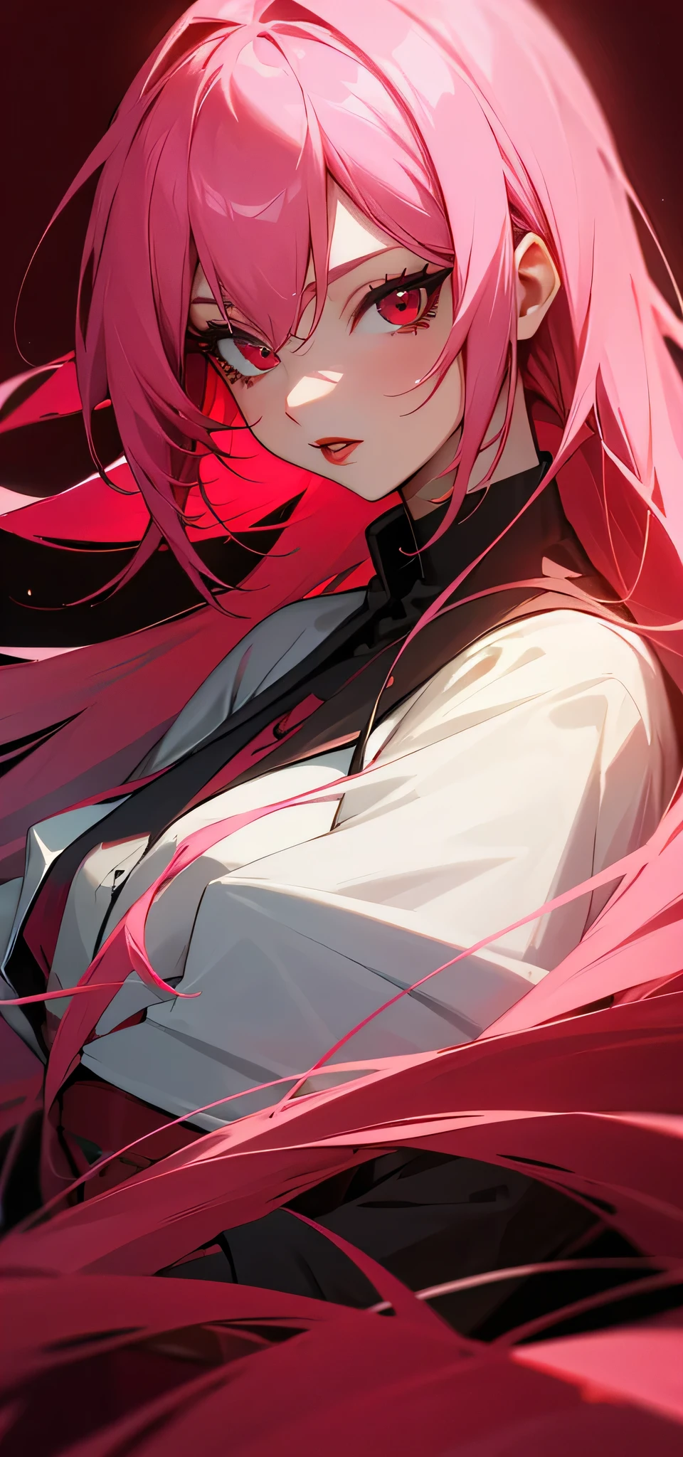 Long Pink hair and crimson red eyes anime girl with red lipstick and black clothes 