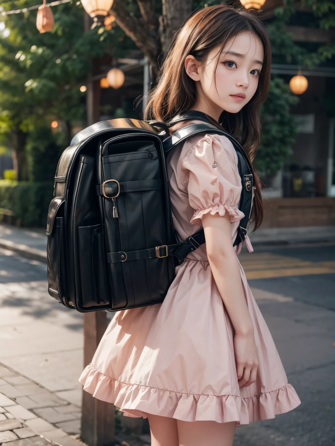 Masterpiece, hd, realistic, 1girl, brown hair, hair ornaments, wear pink dress, short sleeves, puffy sleeves, princess dress, cute dress, wearing school backpack,(backpack:1.2), standing, outdoor