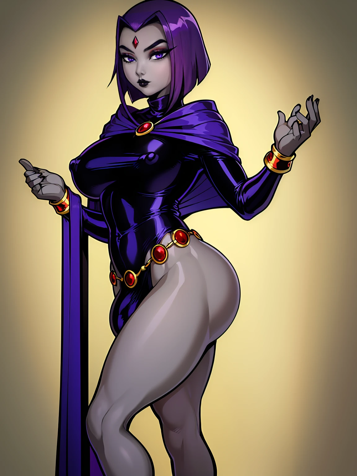 (solo:1.1),(masterpiece), (best quality:1.3), ultra detailed, intricate, (nice hands:1.6), professional art, digital art, absurdres, shadraven, (Full body view:1.1), 1girl, solo, (grey skin:1.4), dark purple hair, bob hair, dark purple eyes, hips wider than shoulders, pear shaped body, jewellery, detailed thighs, thick thighs, red jewel in forehead, jewels, (long sleeved turtleneck leotard:1.3), cuffs, small breasts, nipple bulge, (shadraven long cloak), (Shadraven broach:1.2), Shadraven jewel belt, Shadraven wearing a long sleeved leotard, long legs, ( long crotch bulge:1.4), large penis, large testicles, side view, looking at viewer, bubble butt , gluteal crease, universal lighting,,