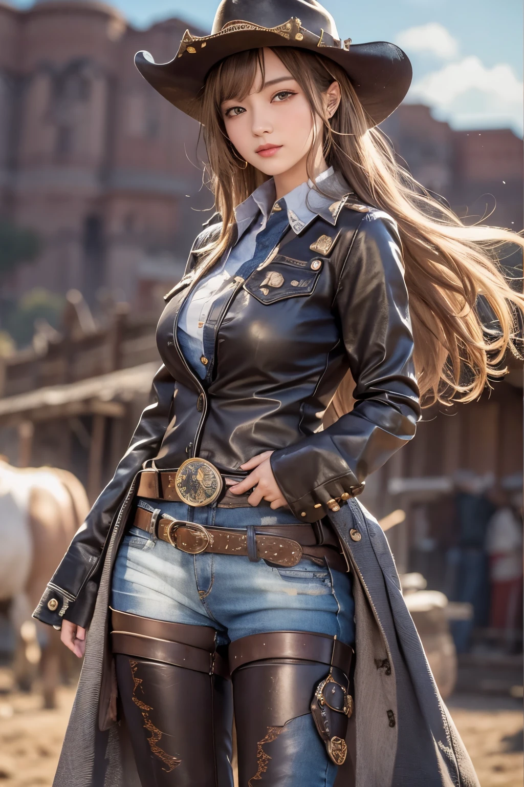 digital portrait, realistic depiction of the human body, RAW photo, one weasten cow girl, Security Officer, gentle gray eyes, plump lips, An ennui look, huge firm bouncing busts, Long brown hair, horse riding, (((Cowboy hat, 着古した茶色の革のSecurity Officerのジャケット, Lace shirt, Jeans short pants, Leather cowboy boots))), highest quality, super resolution, master piece:1.5, medium depth of field, 50ｍｍlens, cinematic lighting, Backlight, professional photographer, , Monument Valley, vast ranch, Sunset, sunset, Herd of cows, Wagon, duel