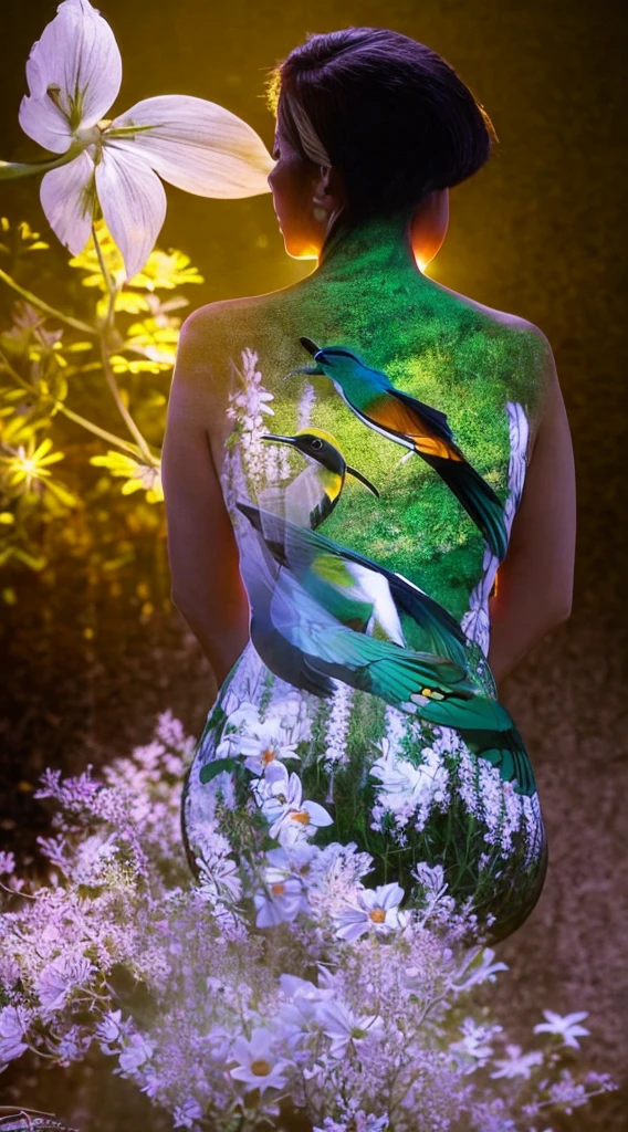 fascinating double exposure photoillustration that masterfully merges a woman and the one European bee-eater (transparency effect) seamless mix, texture and pattern, transparency effect, dramatic shadows and lights, interlacing elements