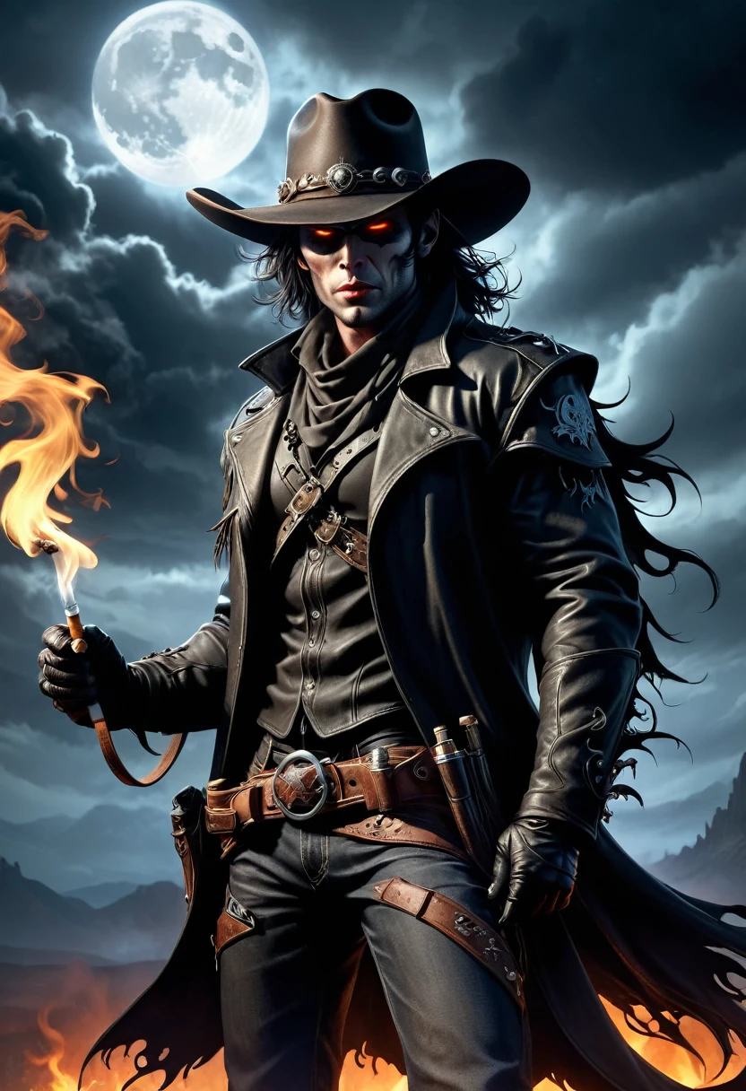 Western Cowboy Demon Hunter，Dark Wind，Gothic，Night，cigarette，Fire