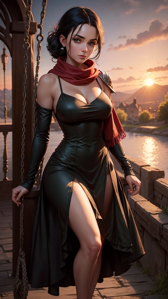 medieval setting, full view of body, 1 skinny female with large breast, beatiful smokey green eyes, black hair pinned up, shoulder free beautiful swing dress, red scarf around her neck, eerie sunset