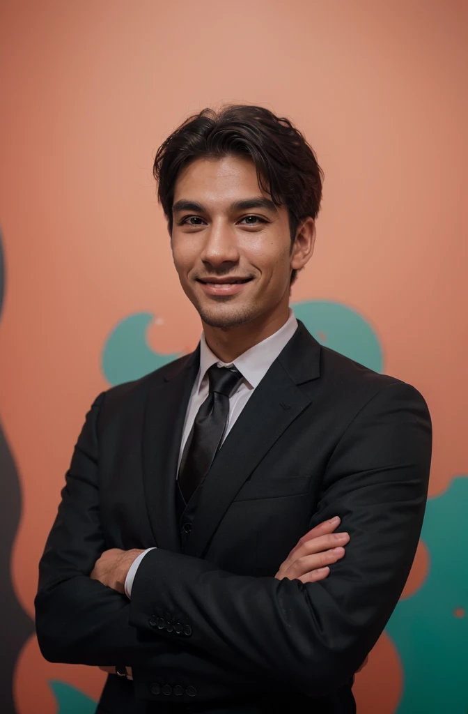 Frontal view , Portrait of man in black suit smiling , coral background editorial style highdefinition ultrarealistic details in the style of portrait photography