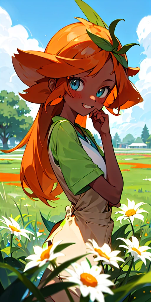 20 Year old woman, dark orange straight hair, tan skin, grass type pokemon trainer, happy, kind, barista, flower