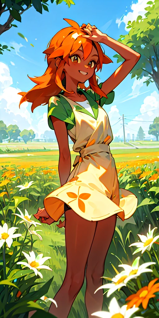 20 Year old woman, dark orange straight hair, tan skin, grass type pokemon trainer, happy, kind, barista, flower