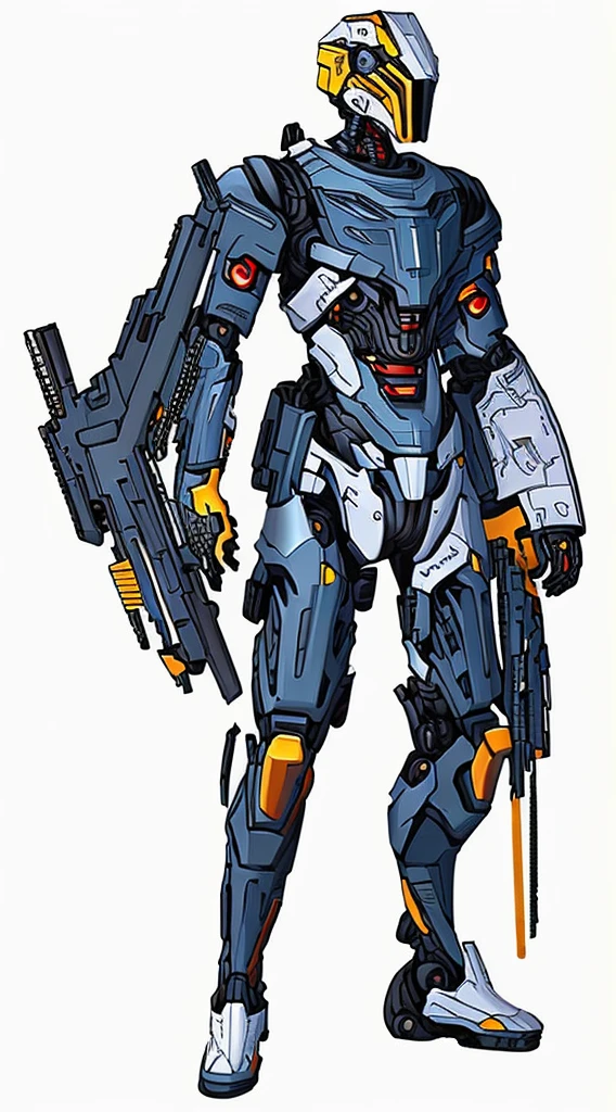 Close-up of man holding gun and helmet, mechanized art concept, Combat armor clothes, Mecha suit, anime mech armor, Wearing tech clothing and armor, Expert High Detail Concept Art, Detailed full body concept art, full body Mecha suit,