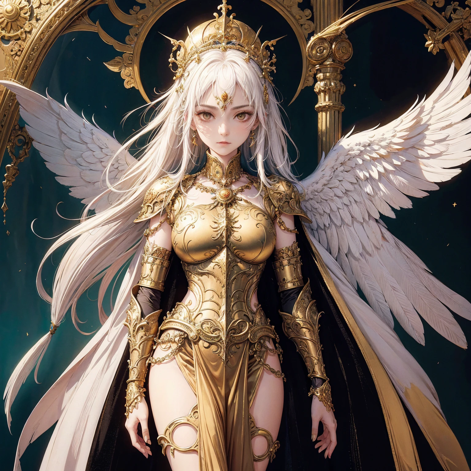 Art of woman wearing sun crown and ornate breastplate, a pair of golden-armored angelic white wings spread out behind the woman, ancient goddess art, Sacredness. Very detailed, Mysterious inspiration, Inspiration from the Sun God, Religious inspiration, Cold and snobbish face, Dangerous scornful expressions, Keep a straight face without any smile, White hair, Standing, Full body portrait, Gothic art style, Weird art style, Occult art