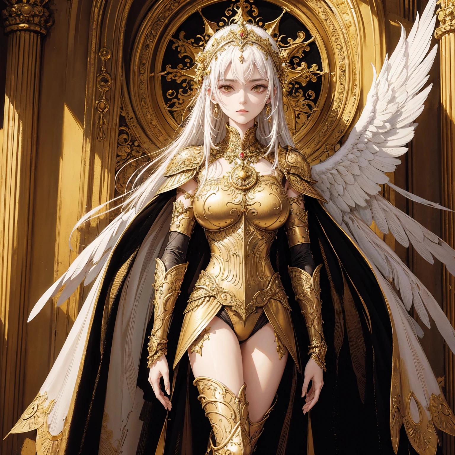 Art of woman wearing sun crown and ornate breastplate, a pair of golden-armored angelic white wings spread out behind the woman, ancient goddess art, Sacredness. Very detailed, Mysterious inspiration, Inspiration from the Sun God, Religious inspiration, Cold and snobbish face, Dangerous scornful expressions, Keep a straight face without any smile, White hair, Standing, Full body portrait, Gothic art style, Weird art style, Occult art