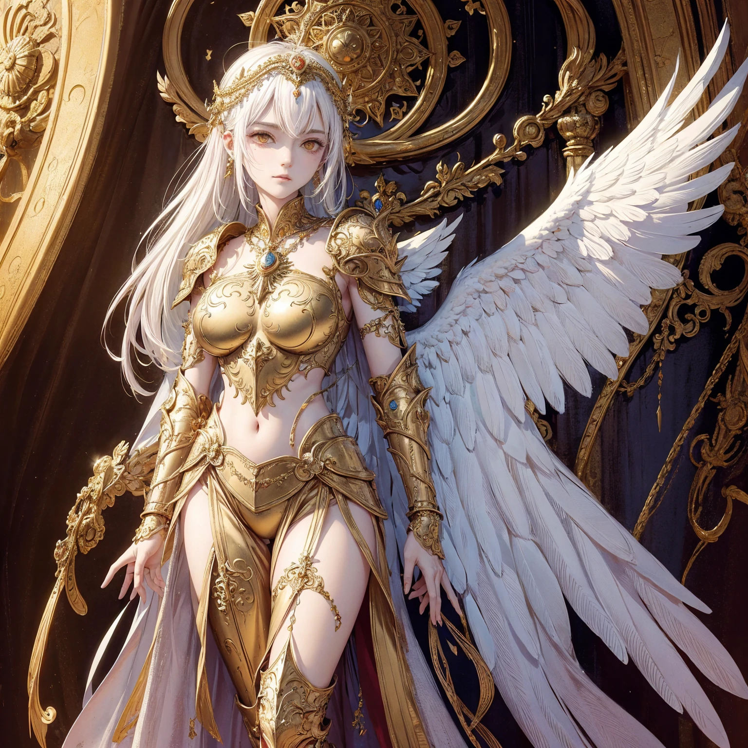 Art of woman wearing sun crown and ornate breastplate, a pair of golden-armored angelic white wings spread out behind the woman, ancient goddess art, Sacredness. Very detailed, Mysterious inspiration, Inspiration from the Sun God, Religious inspiration, Cold and snobbish face, Dangerous scornful expressions, Keep a straight face without any smile, White hair, Standing, Full body portrait, Gothic art style, Weird art style, Occult art