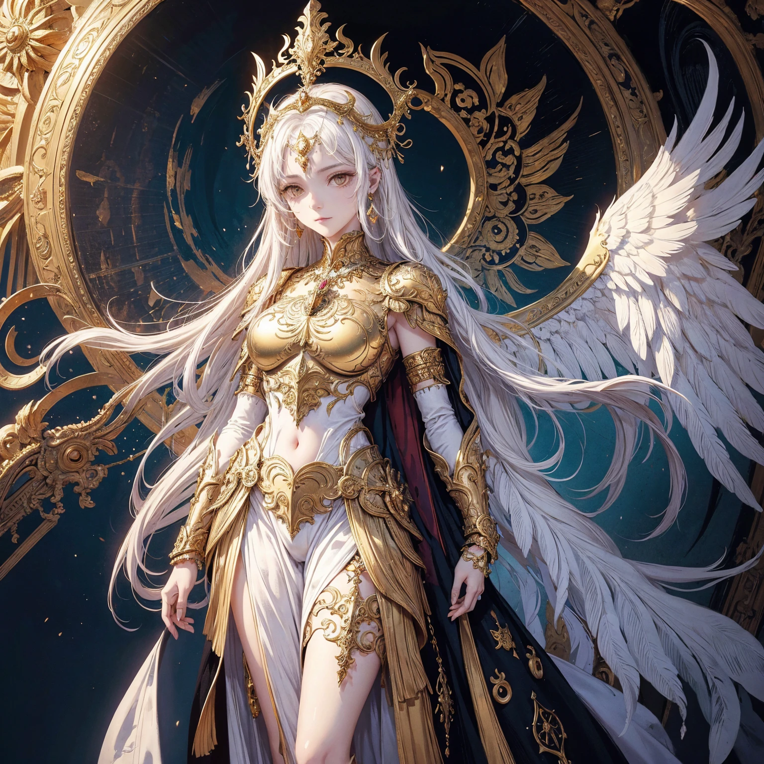 Art of woman wearing sun crown and ornate breastplate, a pair of golden-armored angelic white wings spread out behind the woman, ancient goddess art, Sacredness. Very detailed, Mysterious inspiration, Inspiration from the Sun God, Religious inspiration, Cold and snobbish face, Dangerous scornful expressions, Keep a straight face without any smile, White hair, Standing, Full body portrait, Gothic art style, Weird art style, Occult art