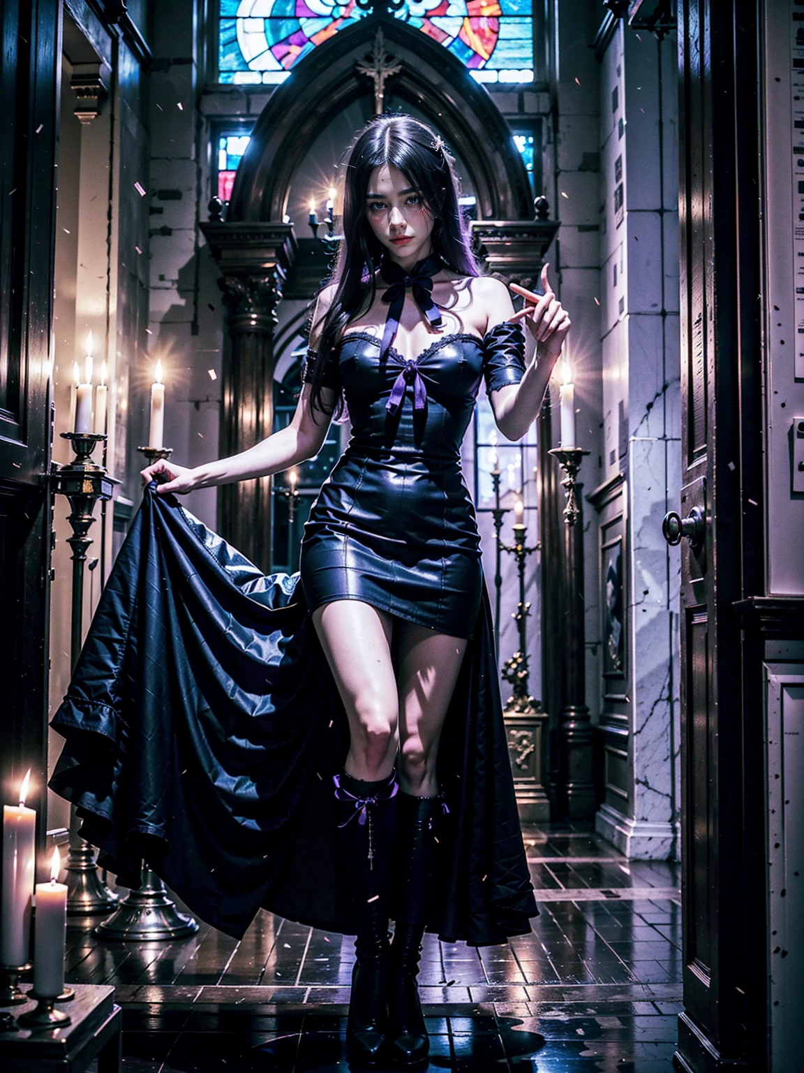 (1 lady), (Best quality at best:1.4), (ultra - detailed), (extremely detailed CG unified 16k), A Beautiful Woman with Perfect Figure: 1.4, Sharp Focus: 1.2, very detailed, High-definition RAW color photo, professional photoshooting, professional cosplay, amazing face and eyes, cosmetics, (amazingly beautiful girl), ((frederica bernkastel)), NOT Dasha Taran, ((purple bow, BLACK AND WHITE DRESS, frills, white kneehighs, kneehighs bow, mary janes, cat tail, tail ornament)), standing, sexyposture,(Dark and stylish cathedral, stained glass, altar, before the altar, candle lights, candle lights:1.3), (look from down), realistic cinematic face, head to feet long wide zoomed out view, full body long view, photorealistic, ((realistic natural purple hair style, purple eyes, long hair)), gorgeous, extremely beautiful face, perfect model beauty, pout mouth, Highly Detailed Face and Skin Texture, Detailed Eyes, Double Eyelids, Big Breasts, Smile, cleavages, western, (masterpiece), best quality, high resolution, extremely detailed, blurred background, depth of field, cinematic lighting, amazing legs, high heels, clear and well-cared skin,