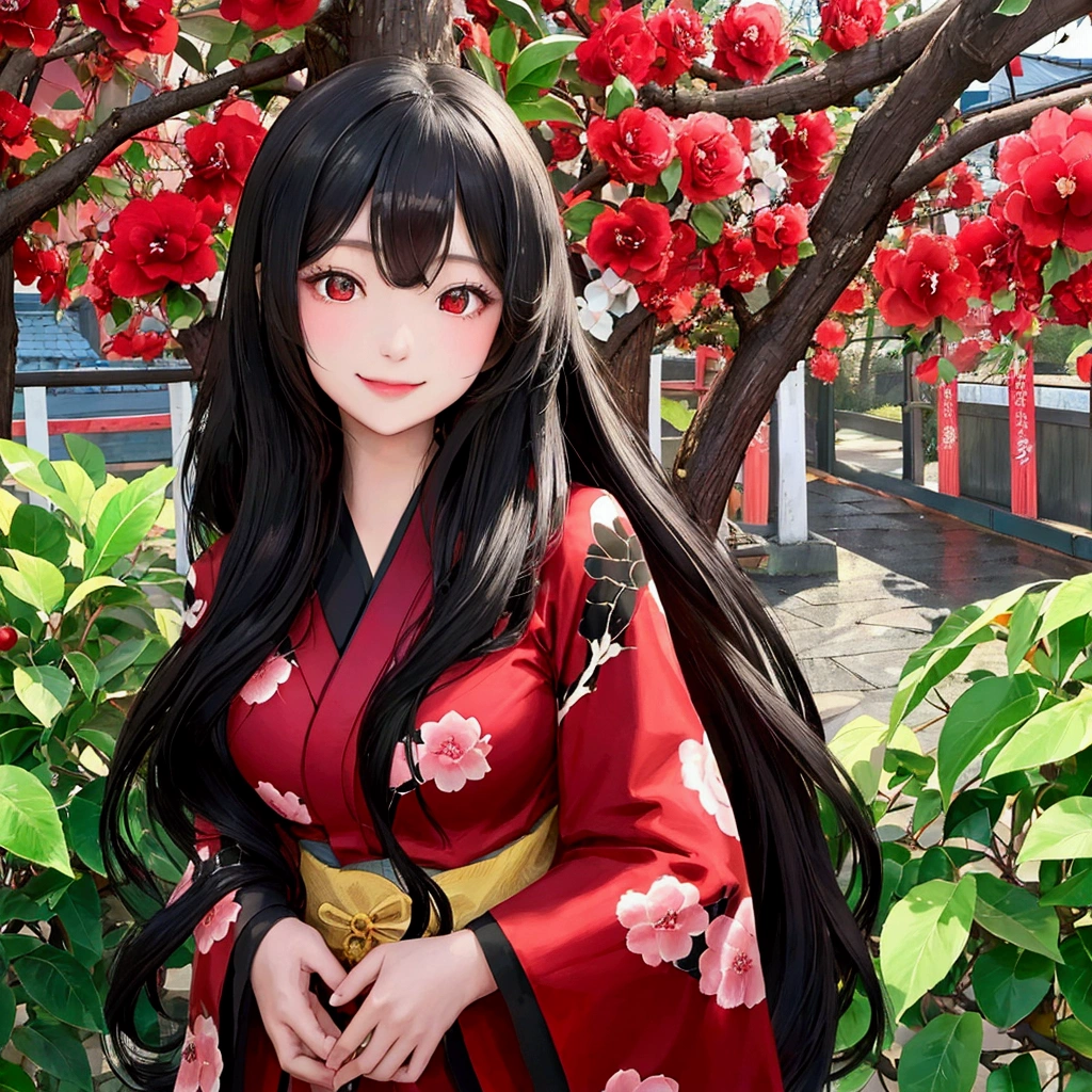 One girl, High resolution,solo, One girl, High resolution, Long Hair, smile, Personification of camellia、Black Hair、kimono、Bright red camellia