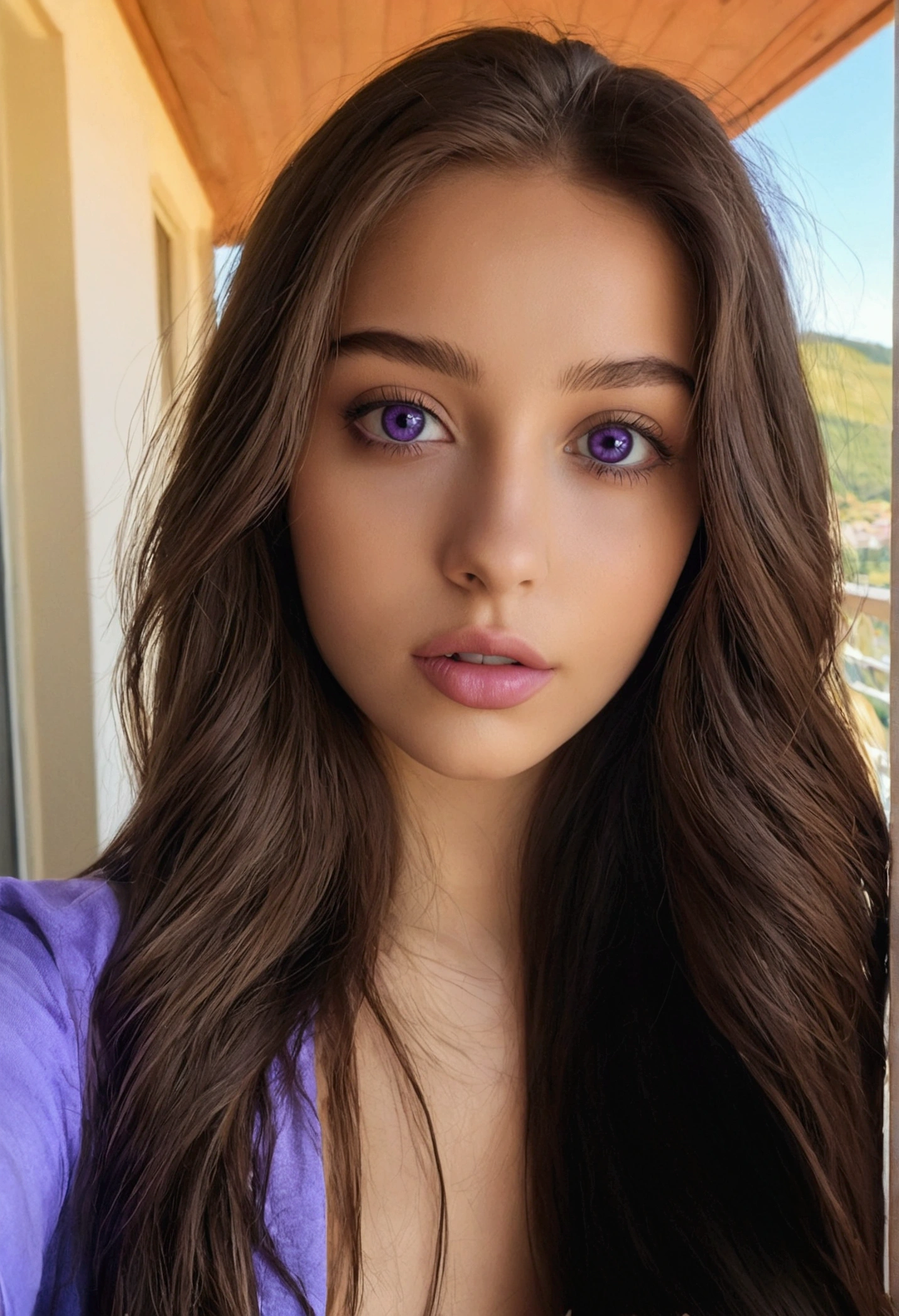 Femme arafed avec des vêtements noirs, fille sexy aux yeux bruns, Portrait Sophie Mudd, cheveux bruns et yeux marrons, Selfie d’une jeune femme, Yeux de chambre, Violet Myers, sans maquillage, maquillage naturel, Regarder directement la caméra, Visage avec Artgram, Maquillage subtil, Superbe photo du corps entier, sur un balcon ayant des montagnes derrière elle
