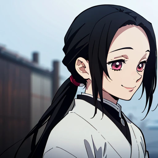 (best quality:1.2),(realistic:1.37),girl, young, kimetsu no yaiba style, Long hair is not tied, black hair, kazuha hair ponytails, black. Red detailed eyes, smiling, black haori, age 13, height 140, demons. Alone.