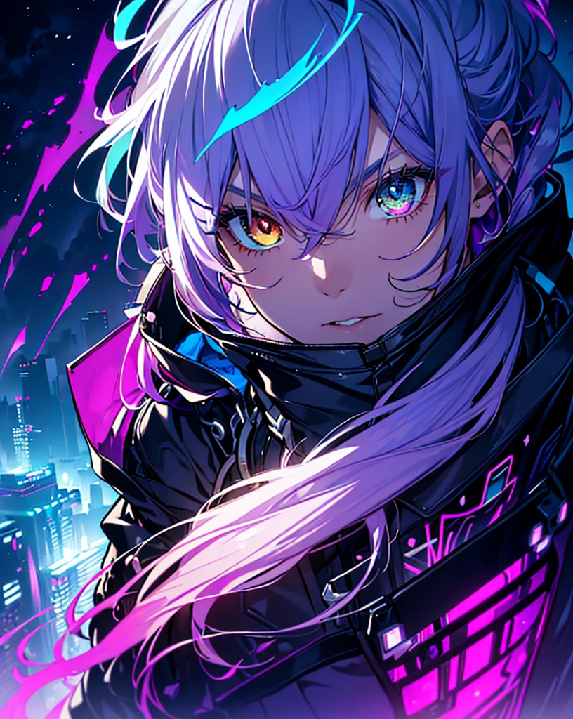 masterpiece, best quality, ((((1man)))), (colorful),(finely detailed beautiful eyes and detailed face),cinematic lighting,extremely detailed CG unity 8k wallpaper, sky, cloudy_sky, building, moonlight, moon, night, (dark theme:1.3), light, fantasy, ((heterochromia)) ((Purple and Yellow eyes)) ((Purple Hair)) ((boy))