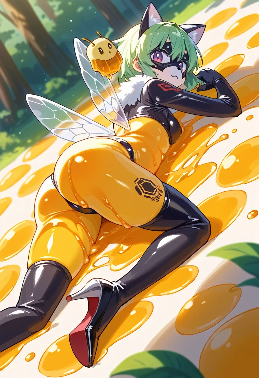 Highest quality, Highest quality, High quality illustrations, masterpiece, Ultra-high resolution, Detailed Background, honeycomb, in the forest, Absurd, Perfect Anatomy, performance, Good lighting, Shadows in the movies(kemono, Furry PersonifiCation), Cat, bee, Honey Skin, Honey Latex, Honey Rubber Suit, Honey Latexスーツ, Honey Lotion, beeスーツ, beeのコスチューム, beeのコスプレ, ゴム製のbeeのしっぽ, beeの羽, Bee wings, Honey Pool, Honey Lotionを浴びている, Covered entirely in honey slime, Lying down, Tattoo, cyber punk, High heels, cyber punk, Rubber Mask, Dynamic Angle
